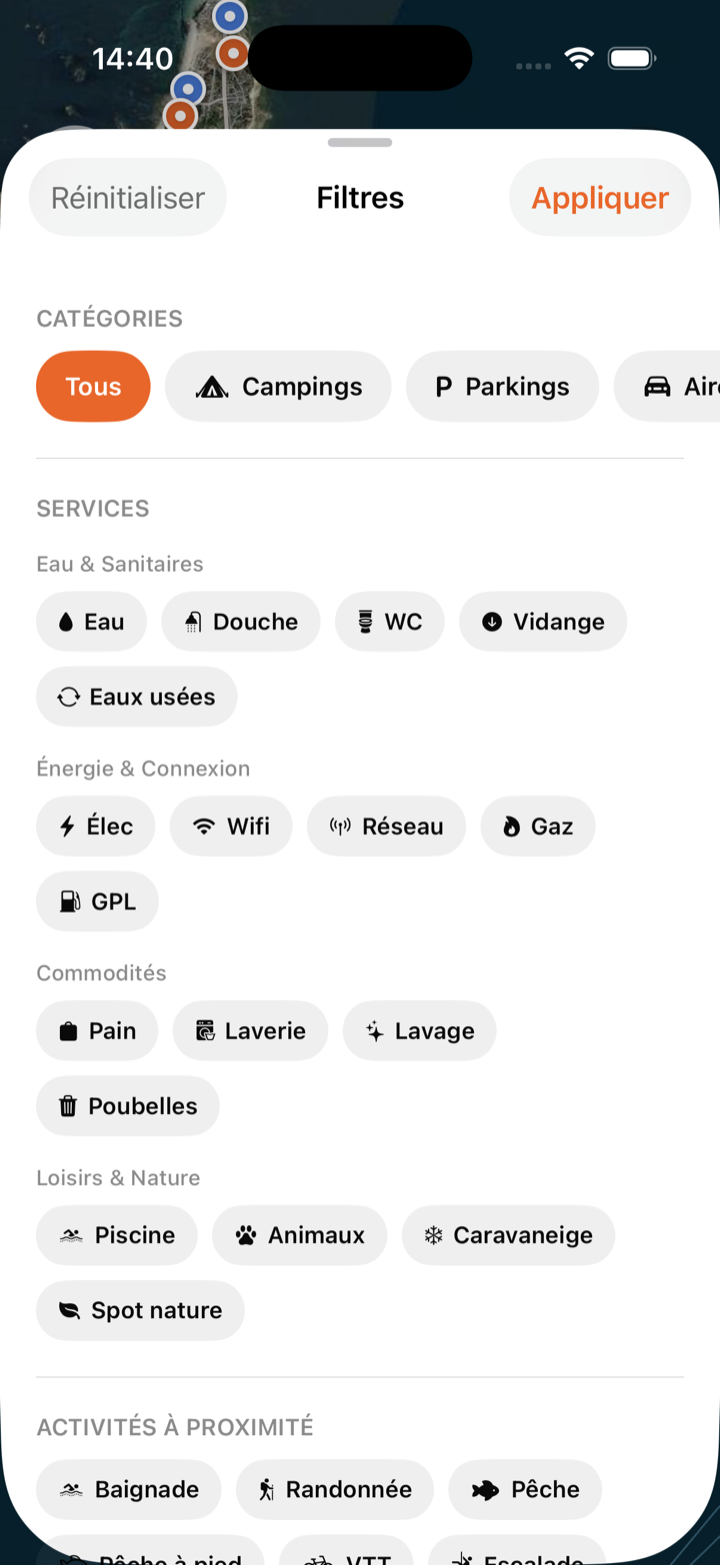Écran de filtres : catégories, services, activités
