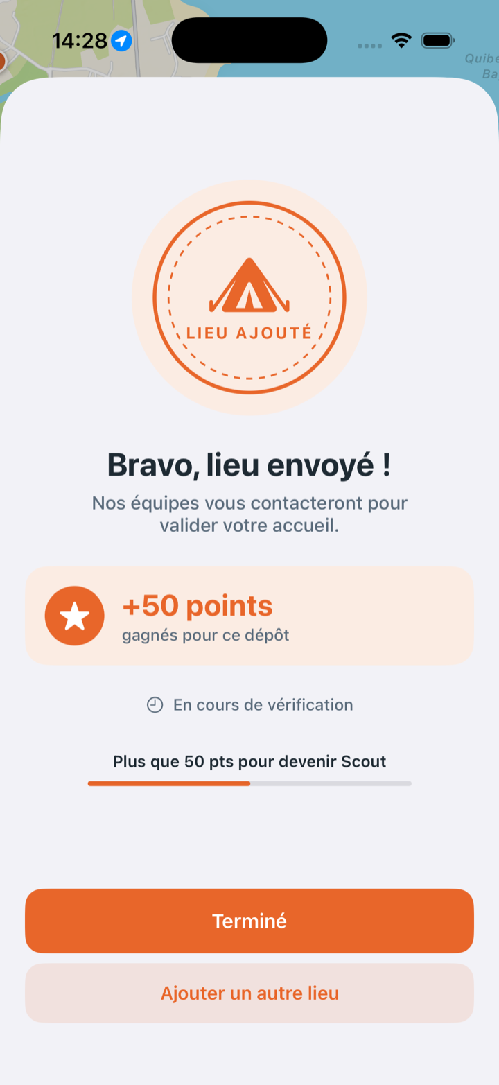 Écran de récompense : lieu ajouté, +50 points, niveau Scout